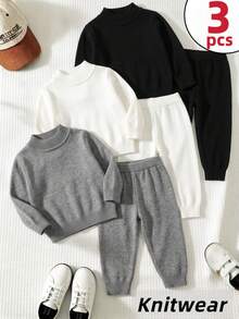 3pcs Boys Preppy Solid Color Crew Neck Long Sleeve Knit Pullover Sweater, Suitable For School, Daily Casual, Spring, Autumn, Winter - Black - View 1