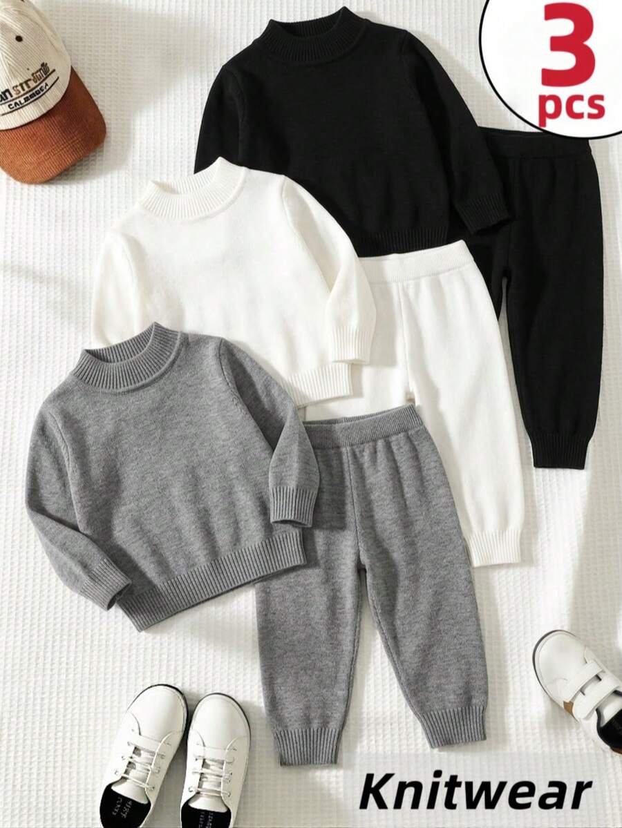 3pcs Boys Preppy Solid Color Crew Neck Long Sleeve Knit Pullover Sweater, Suitable For School, Daily Casual, Spring, Autumn, Winter - Black - View 1
