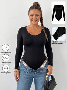 Plus Size Women Long Sleeve Bodysuit Scoop Neck Seamless Tummy Control Thermal Base Layer Top Fall Winter Body - Black - View 4