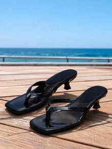 Square Toe Wide Foot Flip Flop Sandals With Thin Heel, Versatile Outdoor Wear Thin Heel Thong Sandals For Women - Black - View 2