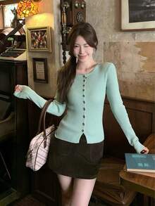 Korean Style Pretty Long Sleeve Knit Sweater Women Autumn Slim Fit Inner Layer Cardigan Top - Green - View 6