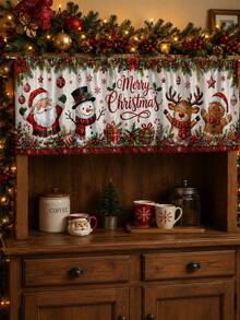 1pc Red White Christmas Friends Window Valance With Santa Snowman Reindeer & Gingerbread, Nostalgic Retro Polyester Rectangle Rod Pocket Top Short Curtain, Festive Xmas Window Decoration For Kitchen, Family Party, Winter Holiday Home - Multicolor - View 2