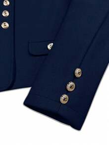 Round Neck Metal Button Short Wool Blazer, Long Sleeve Cuff Button Decor Patch Pocket Wool Short Coat, Elegant Autumn/Winter Outerwear, Suitable For Business Commute, Evening Party, Shopping And Photography - Navy Blue - View 8