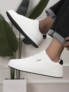Men's Flat Comfortable Sneakers, Solid Color Minimalist White Shoes, Street Casual Skateboard Shoes - White - View 5
