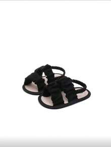 1 Pair Girls Elastic Pleated Design Flat Casual Comfortable Fabric Sandals, Suitable For Summer Wear - Black - View 6