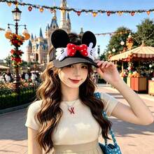 Disney Minnie Mouse Ears Open Top Hat Women Autumn Wide Brim Sun Protection Hat Bow Cartoon Sun Hat For Amusement Park - A - View 2