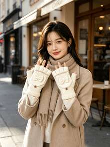 1 Pair Knitted Bow Touchscreen Gloves - Washable, Woven Fabric, Autumn/Winter Thick Double-Layer Warm, Colorblock Elastic Cuff Cold-Proof Gloves - A - View 1
