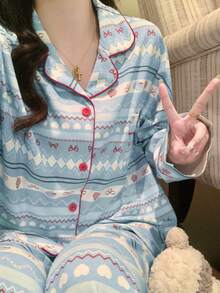 2pcs Women's Pajama Set, Lapel Cardigan Asymmetrical Print Long Sleeve, Suitable For All Seasons - Multicolor - View 5