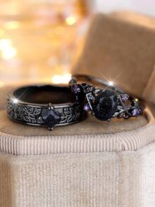 Vanel 2pcs Vintage Exquisite Inlaid Blue Sand Vine Oval Cut Rings, Daily Wear Fashion Jewelry, Easily Create Fashionable Looks - 2-piece Set - View 4
