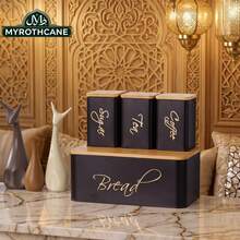 Myrothcane 4-Piece Moroccan Style Kitchen Storage Set, Black Gold Metal Bread Box With Bamboo Lid & Tea Sugar Coffee Canisters, Countertop Food Storage Containers - Black - View 8