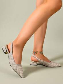 Sandal Wanita Gaya Prancis Vintage Baru Motif Kotak-kotak Ujung Lancip Slingback Hak Tebal Rendah Bagian Depan Rendah Tanpa Bagian Belakang untuk Perjalanan ke Kantor - Aprikot - View 6