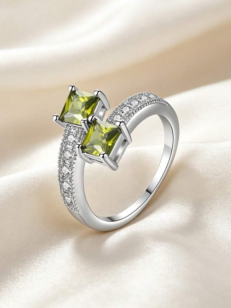 MONALLY Luxury Women's Bypass Open Ring Double Square Olive Green Cubic Zirconia Micro Paved Statement Jewelry Birthday Gift Band Daily Wear Party - Ring - View 1