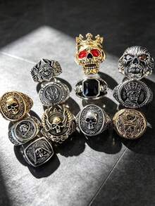 Vintage Skull Men's Ring Set Punk Gothic Style Crown Gemstone Distressed Wide Rings Men's Unique Niche Stackable Finger Rings Gothic Hip Hop Halloween Gift Random Style 1pc/2pcs/3pcs/4pcs/5pcs/6pcs/7pcs - Multicolor - View 4