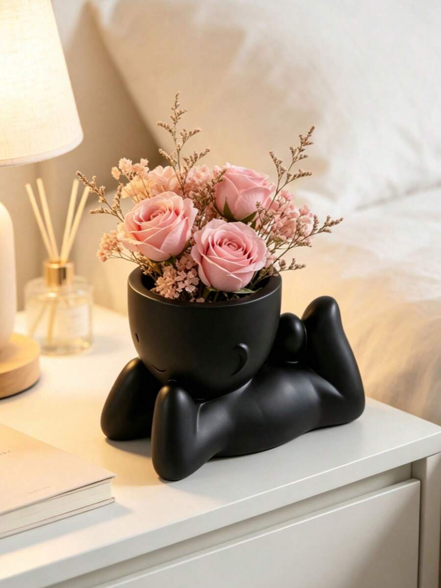 Abstract Human‑Shaped Resin Planter Desktop Ornament, Creative Meditating Little Man Flower Pot, Artistic Tabletop Decor Vase For Home Office Shelf Display - Lazy Vase - View 1