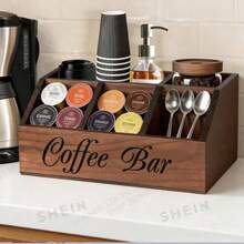 1pc 5-Compartment Wooden Coffee Bar Organizer, Vintage Country Style Countertop Storage Box, Suitable For Coffee Capsules, Coffee Cups, Spoons And Accessories, Farmhouse Style Kitchen Coffee Station Decor - Multicolor - View 5