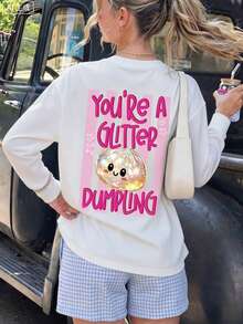Girls Cute Cartoon Dumpling Pattern Long Sleeve T-Shirt, You're A Glitter Dumpling Letter Print Round Neck Loose Casual Daily Soft Top - White - View 10