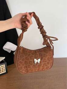 1pc Vintage Style Leopard Print Shoulder Bag, Ruched Strap With Metal Butterfly Decor Crescent Bag, Faux Suede Zipper Underarm Bag, Lightweight Handbag, Suitable For Girls/Children/Students, Applicable For Daily Commute/Street Outing/Shopping Date/ Outfit - Multicolor - View 9