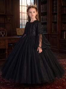 Tween Girls Black Long Sleeve Lace Performance Dress, Puffy Birthday Party Long Princess Gown, Tulle Skirt - Black - View 8