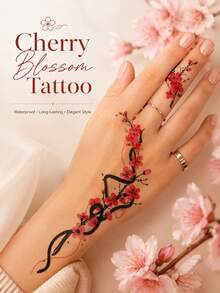 3 Sheets Cherry Blossom Temporary Tattoo For Women, Red Floral Vine & Black Ribbon Tattoo Sticker, Waterproof Long-Lasting Elegant Body Art For Hand, Wrist, Arm, Parties, Festivals, Vacations & Everyday Style - Multicolor - View 3