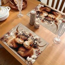 1/4/6pcs Autumn Series Floral Wreath Highland Cow Couple Pattern Printed Placemats, Heat Resistant Table Mats For Home Kitchen/Dining Table Protection, Kitchen Table Party Decor - Multicolor - View 5