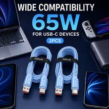 2入 Krtlhe 65W USB 轉 Type-C 軟矽膠超快充傳輸線 通用高功率充電線 3A USB C 線 相容於華為 - 淺藍色 - 查看 5