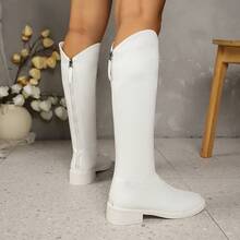Women's V-Cut Pointed Toe Low Heel White Tall Boots, Back Zipper Riding Boots, Korean Style Elegant Slimming High Boots For Autumn/Winter - White - View 6