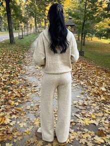 Women's Autumn/Winter Warm Ribbed Knit Hoodie Set, Loose Fit Pullover Hoodie With Drawstring Wide Leg Pants, Medium Stretch - Khaki - View 9