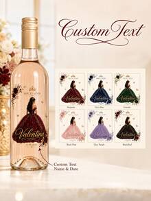 2/4/8pcs Customized Wine Bottle Label Stickers, Personalized Name & Date, Princess Dress Floral Butterfly Pattern, Sweet 15 15th Birthday Party Favor Table Decor - Multicolor - View 1