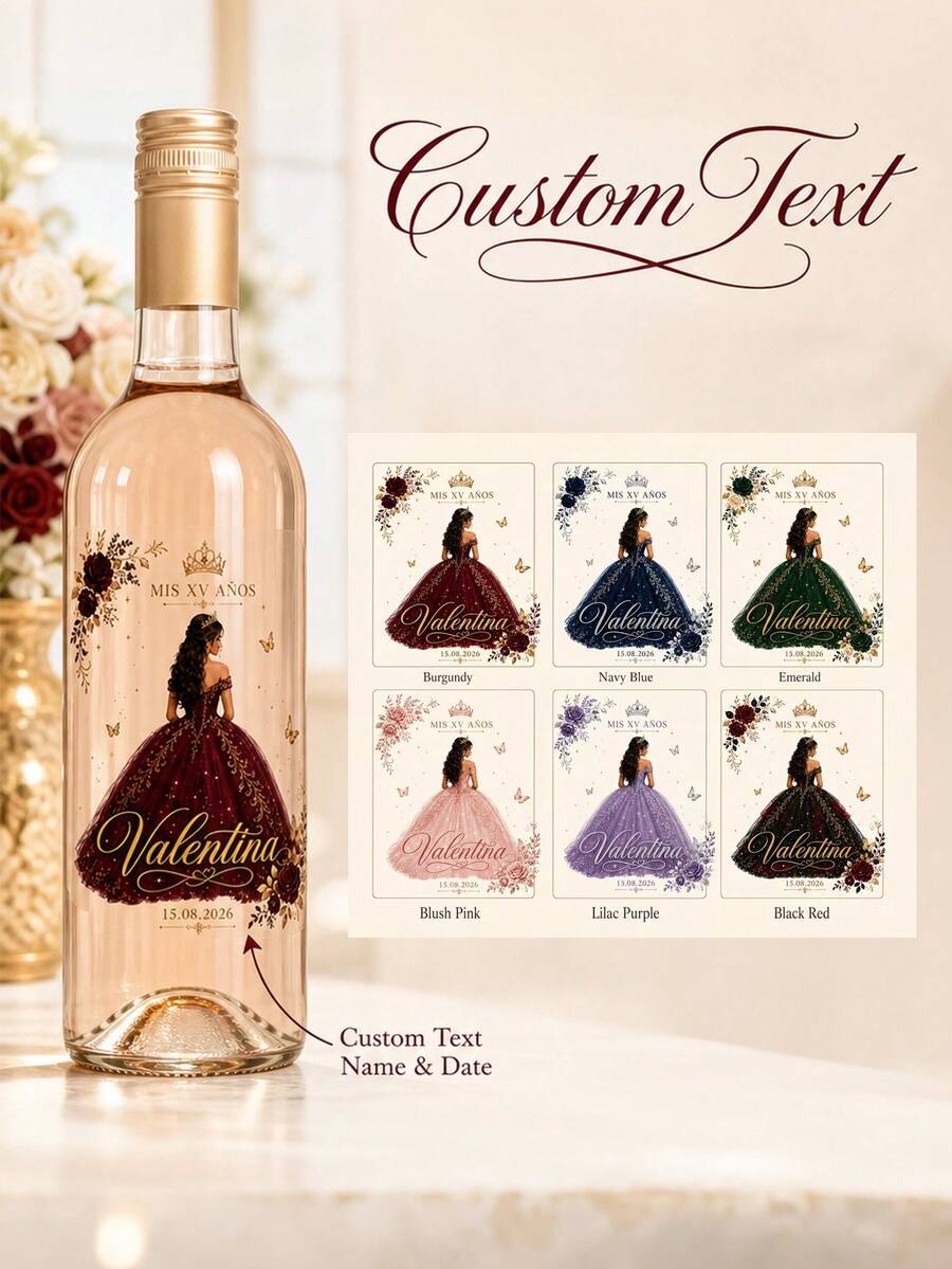 2/4/8pcs Customized Wine Bottle Label Stickers, Personalized Name & Date, Princess Dress Floral Butterfly Pattern, Sweet 15 15th Birthday Party Favor Table Decor - Multicolor - View 1