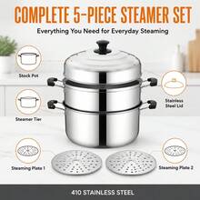 Panci Kukus 3 Tingkat Bertumpuk dari Stainless Steel, Tinggi 28cm (11,02 inci), Panci Masak Multi-Lapisan dengan Tutup Kaca Tempered, Peralatan Masak Serbaguna untuk Kompor Gas & Kompor Induksi, Ideal untuk Mengukus Sayuran, Makanan Laut, dan Penggunaan Dapur Rumah Tangga Sehari-hari - View 3