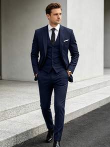 Men's Gentleman Minimalist Slim Fit Single-Breasted Business 3 PiecesSuit, Suit Jacket Vest Trousers Set, Suitable For Wedding Party Ball, Old Money Style - Navy Blue - View 2