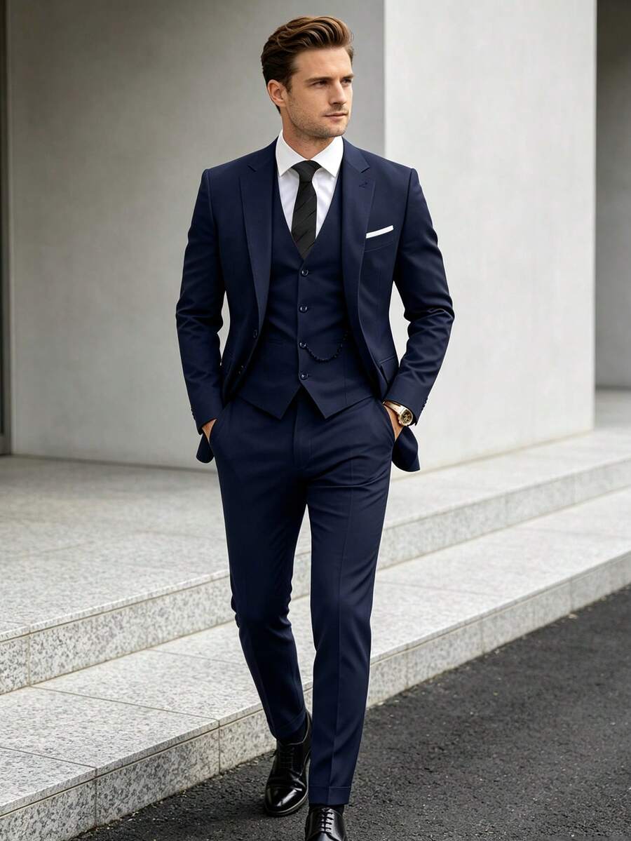 Men's Gentleman Minimalist Slim Fit Single-Breasted Business 3 PiecesSuit, Suit Jacket Vest Trousers Set, Suitable For Wedding Party Ball, Old Money Style