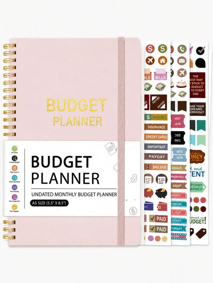 1pc Undated Budget Planner With 3 Sticker Sheets, Expense Tracker, Monthly Budget Review & Gold Twin-Wire Binding, Halloween Notebook For Office Decor And Accessories, Nurse Essentials, Bible Study Materials - A - View 1