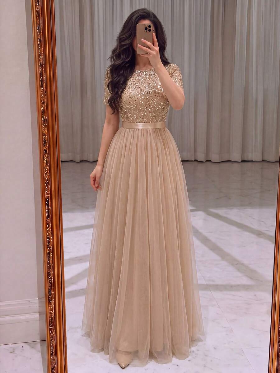 Elegant Boat Neck Short Sleeve Evening Gown, Decorated Chest, A-Line Tulle Skirt, Suitable For Gala, Banquet, Wedding, Award Ceremony - Khaki - View 1