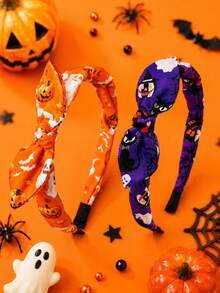 2pcs Halloween Girls Rabbit Ear Headbands, Pumpkin Ghost Bat Black Witch Skull Printed Fabric Headbands, Party & Daily Hair Accessories - Multicolor - View 2