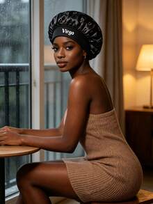 1pc Women's Satin Sleep Cap, 12 Zodiac Print Oversized Night Cap, Loose Elastic Band, Lightweight Silky Hair Protection Cap - Black - View 6