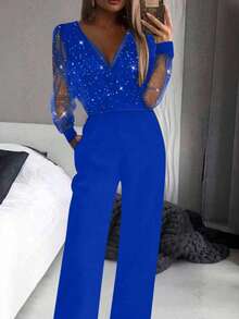 Women's Sexy Black Sequin Mesh Jumpsuit With Deep V-Neck Spring Elegant - Royal Blue - View 4