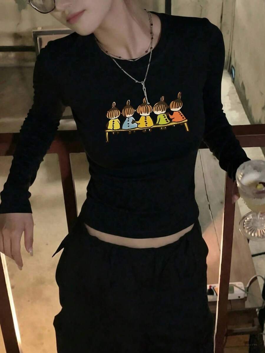 新款女款短款長袖T恤 Y2K世代趣味卡通印花 春秋韓系圓領百搭休閒修身上衣 - 黑色 - 查看 1