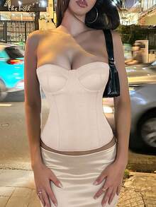 Yuwenier 女款優雅純色修身束腰上衣，附魚骨設計、後背繫帶塑形短款抹胸上衣，情人節萬聖節度假穿搭女裝上衣 - 膚色 - 查看 5