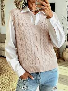 NZZOF Women's Cable Knit V-Neck Chunky Knit Vest (Shirt Not Included) - Apricot - View 7