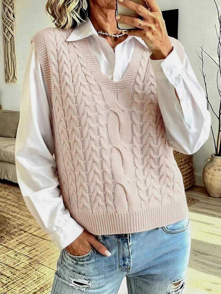 NZZOF Women's Cable Knit V-Neck Chunky Knit Vest (Shirt Not Included) - Apricot - View 1