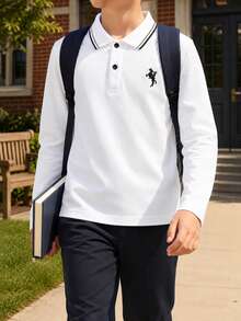 Young Boy Classic Collegiate Style Knight Embroidery White Long Sleeve Polo Shirt, Suitable For Daily Wear, Travel, Gathering, Outdoor Activities - White - View 1