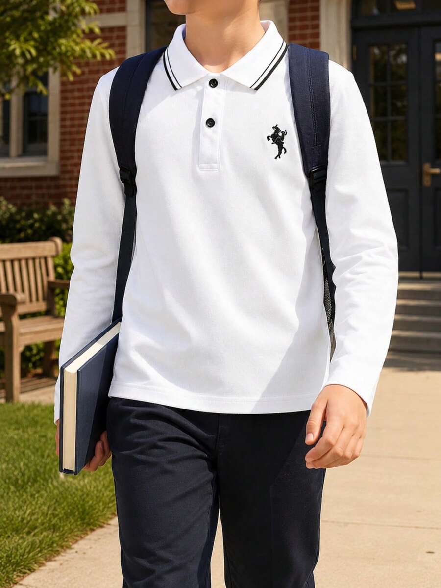 Young Boy Classic Collegiate Style Knight Embroidery White Long Sleeve Polo Shirt, Suitable For Daily Wear, Travel, Gathering, Outdoor Activities - White - View 1