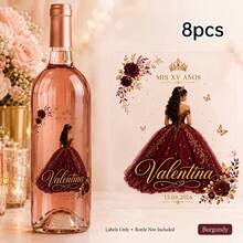 2/4/8pcs Customized Wine Bottle Label Stickers, Personalized Name & Date, Princess Dress Floral Butterfly Pattern, Sweet 15 15th Birthday Party Favor Table Decor - Multicolor - View 14