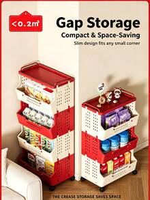 1pc Dopamine Red & White Color Block Rolling Cart Storage Rack, Multi-Layer Living Room Sundries & Snacks Organizer, Highly Attractive Foldable Storage Cabinet - Multicolor - View 7