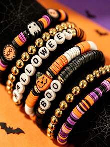 7pcs/Set Halloween Pumpkin Decor With CCB Gold Beads Soft Clay Bracelet, Punk Gothic Style Women's Hand Jewelry, Suitable For Halloween Wear, Soft Clay Quantity And Color Arrangement Are Random - Multicolor - View 4