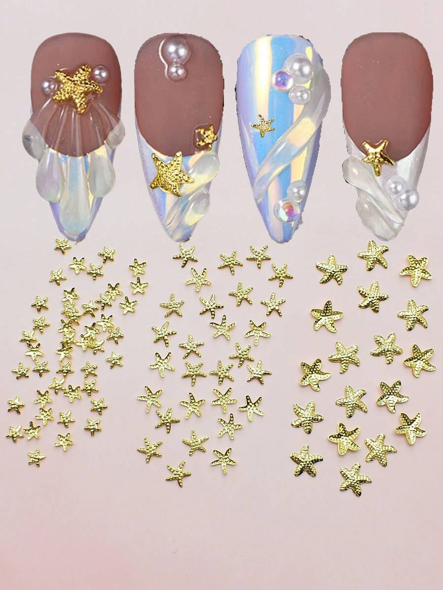 100pcs Gold Starfish Nail Charms, Assorted Sizes, Ocean Theme Minimalist Metal Nail Supplies, Nail Rivets DIY Accessories Nail Art Decorations, False Nail Accessories - Multicolor - View 1