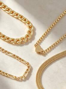 Gold Chain Bracelet Set For Women, Dainty Stackable Bracelets With Cuban Link, Herringbone, Heart Charm & Paperclip Chain, Layered Jewelry - Yellow Gold - View 4