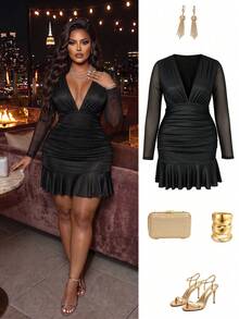 BIUBIU Gaun Bodycon Hitam Seksi Ukuran Plus Selutut dengan Leher V Dalam, Desain Berkerut & Hem Bergelombang, Lengan Panjang, Sempurna untuk Pakaian Wanita di Klub & Pesta - Hitam Tetap - View 1