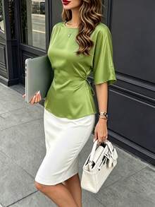 DONICY Women's Green Lace-Up Waist Round Neck Casual Top - Green - View 4